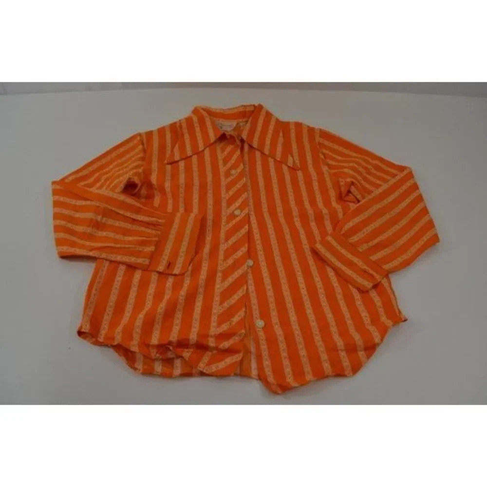 Vintage Kids Long Sleeve Orange Striped Blouse  Shirt with Collar